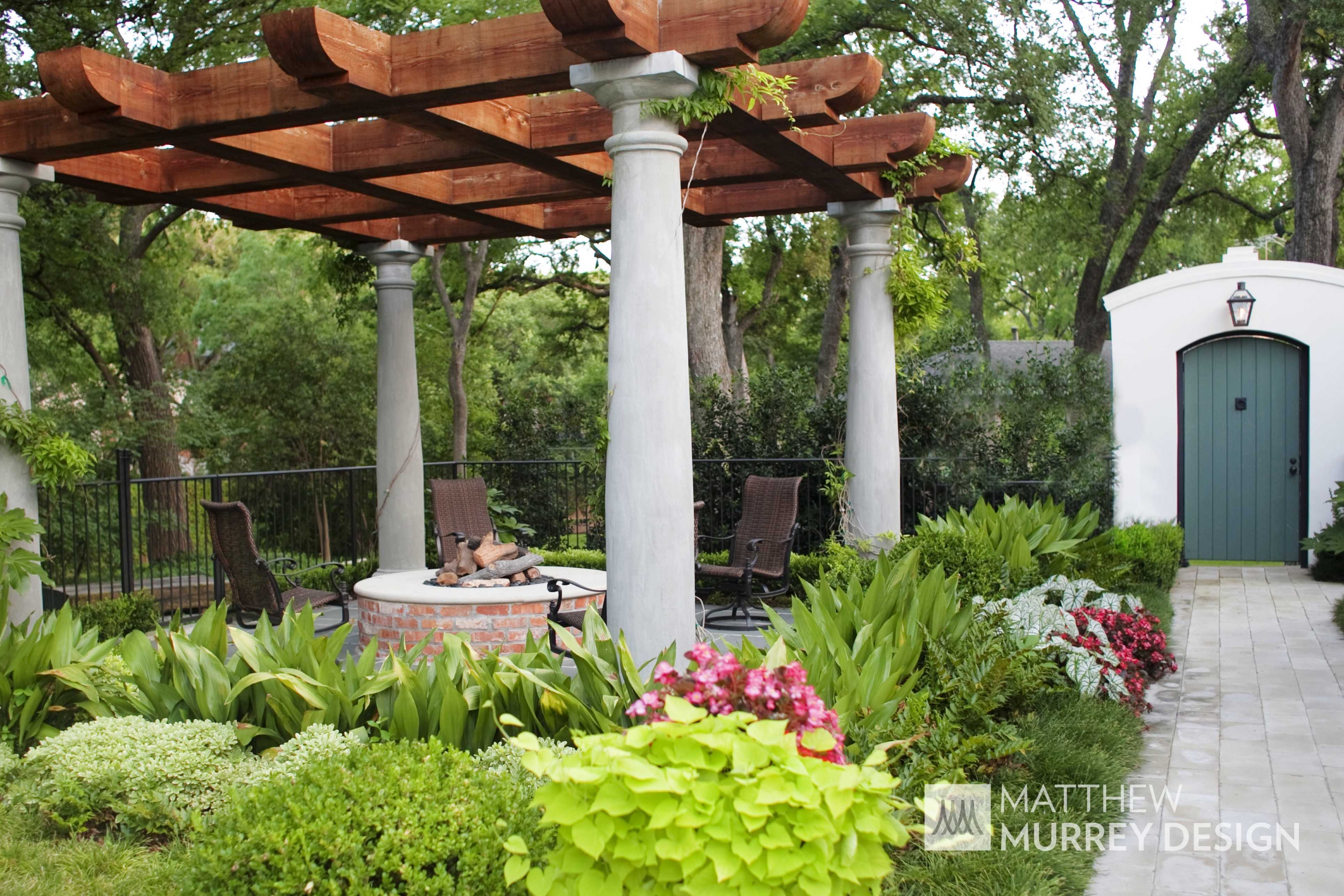 Inspired by the Louisiana architecture of A. Hays Town, this client set out to replicate a Louisiana courtyard in the midst of this creekside estate. A pool was the centerpiece of the design, and it was anchored by an antique brick clad spa. The spa, strategically placed on the home's main axis, was specifically purposed to replicate a courtyard fountain. The vegetation includes a mixture of trimmed boxwood hedges, ferns, and azaleas, as well as a variety of other broad leafed plants. The potted plants add seasonal interest and year-round decor. This project also features the best in outdoor living. A copper screened cabana house includes an outdoor kitchen, fireplace, and temperature controls for year round comfort. There is an outdoor firepit and seating area, sheltered by a vine covered trellis.