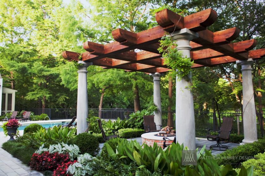 Wooden and concrete pergola with bluestone floor