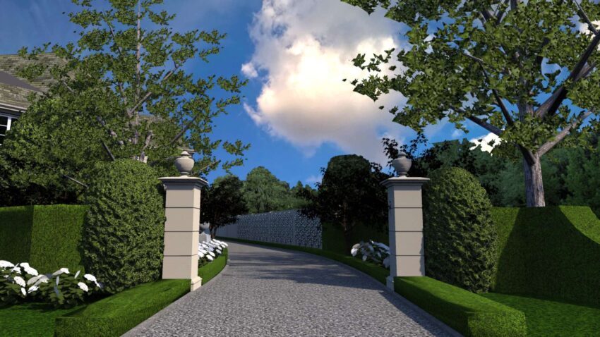 Indiana limestone columns support ornamental iron gates that provide seperation and privacy between the public driveway and private motor court and garage. The columns are topped with antique stone urn finials.