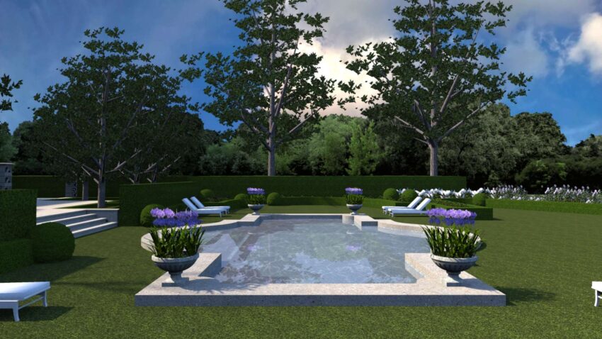 Formal french-inspireid pool with Longshadow planters planted with agapanthus