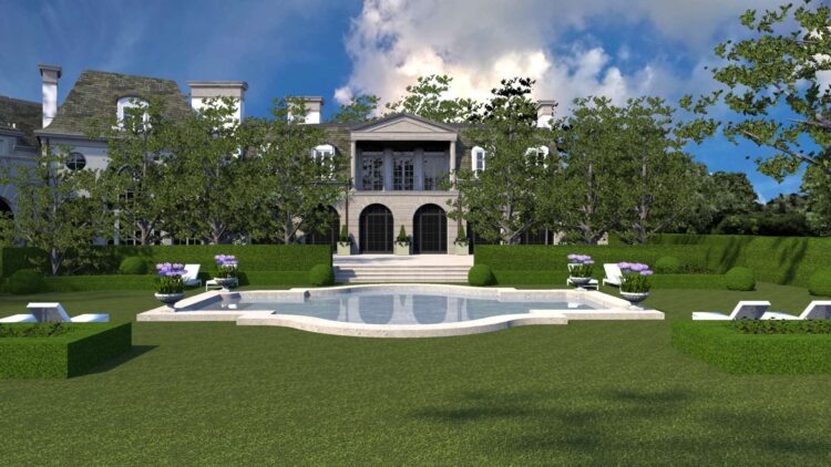 The swimming pool sits in the lawn area encompassed by holly and boxwood hedges.