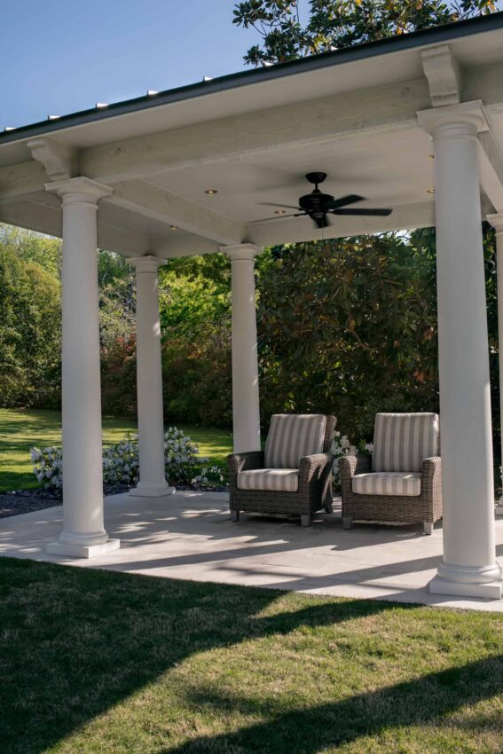 The Great Lawn pavilion includes wireless controlled integrated LED lighting, ceiling fan, and outdoor cushioned chairs. The chairs are covered in Sunbrella fabric to prevent fading.